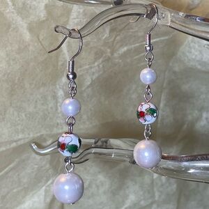 Cloisonne Flower and White Bead Drop Earrings